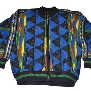 LIMNOS AUSTRALIA•XL•Full Zip Multicolor 3D Knit Coogi Style Wool Vintage Sweater